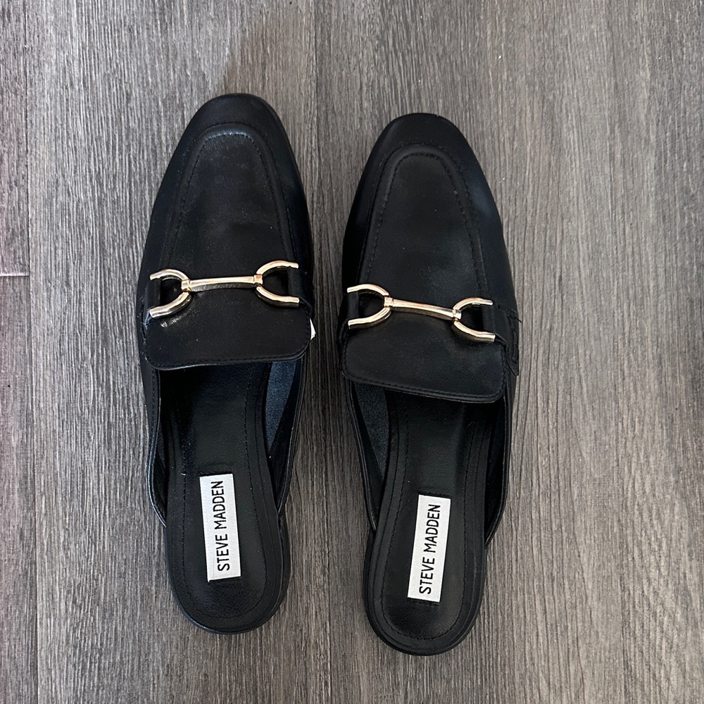 Steve Madden Black Slip-On Mules with Gold Accent